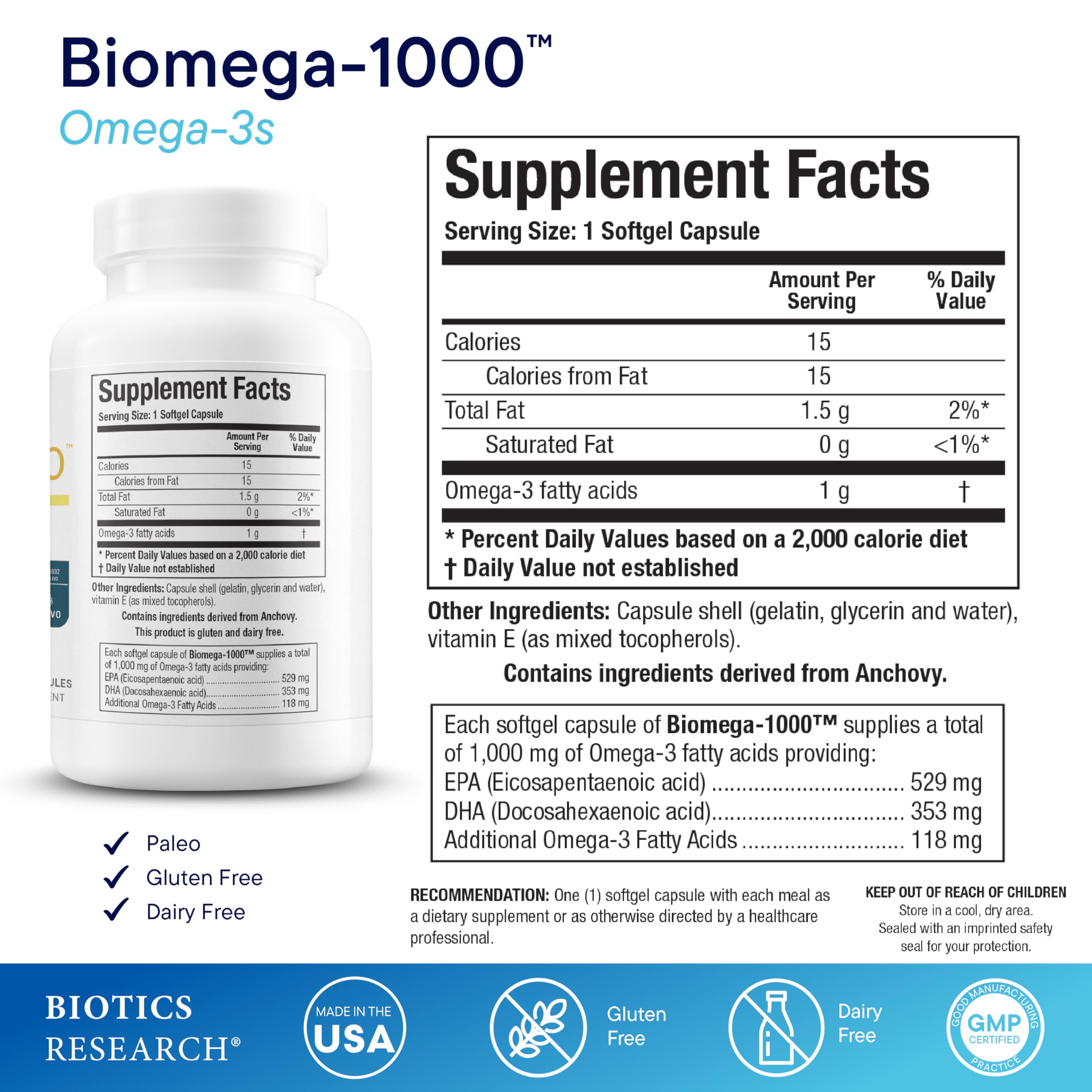 Biomega-1000 : bouteille en verre avec capsules faciles à avaler visibles