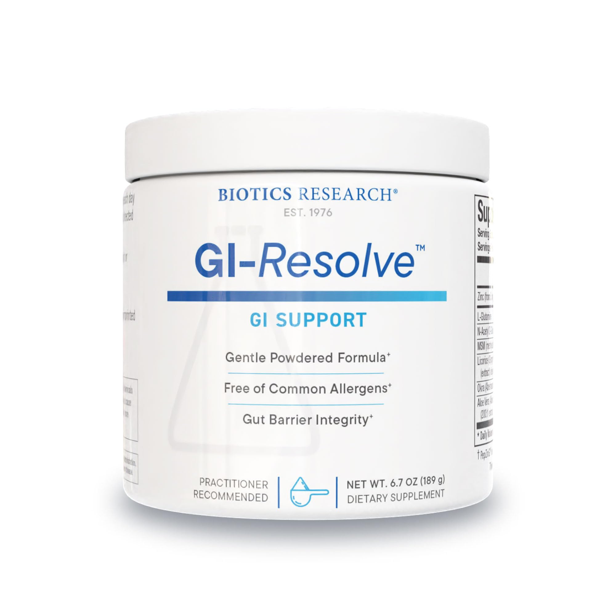 GI Resolve de Biotics Research: bouteille de poudre L-glutamine, soutien potentiel de la muqueuse intestinale