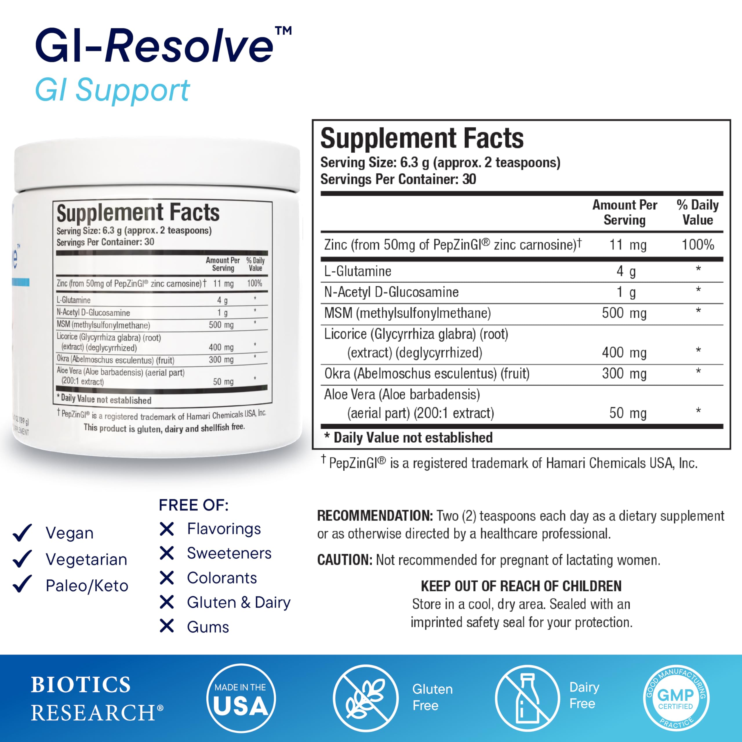 GI Resolve: doseur montrant poudre L-glutamine pour usage quotidien potentiel