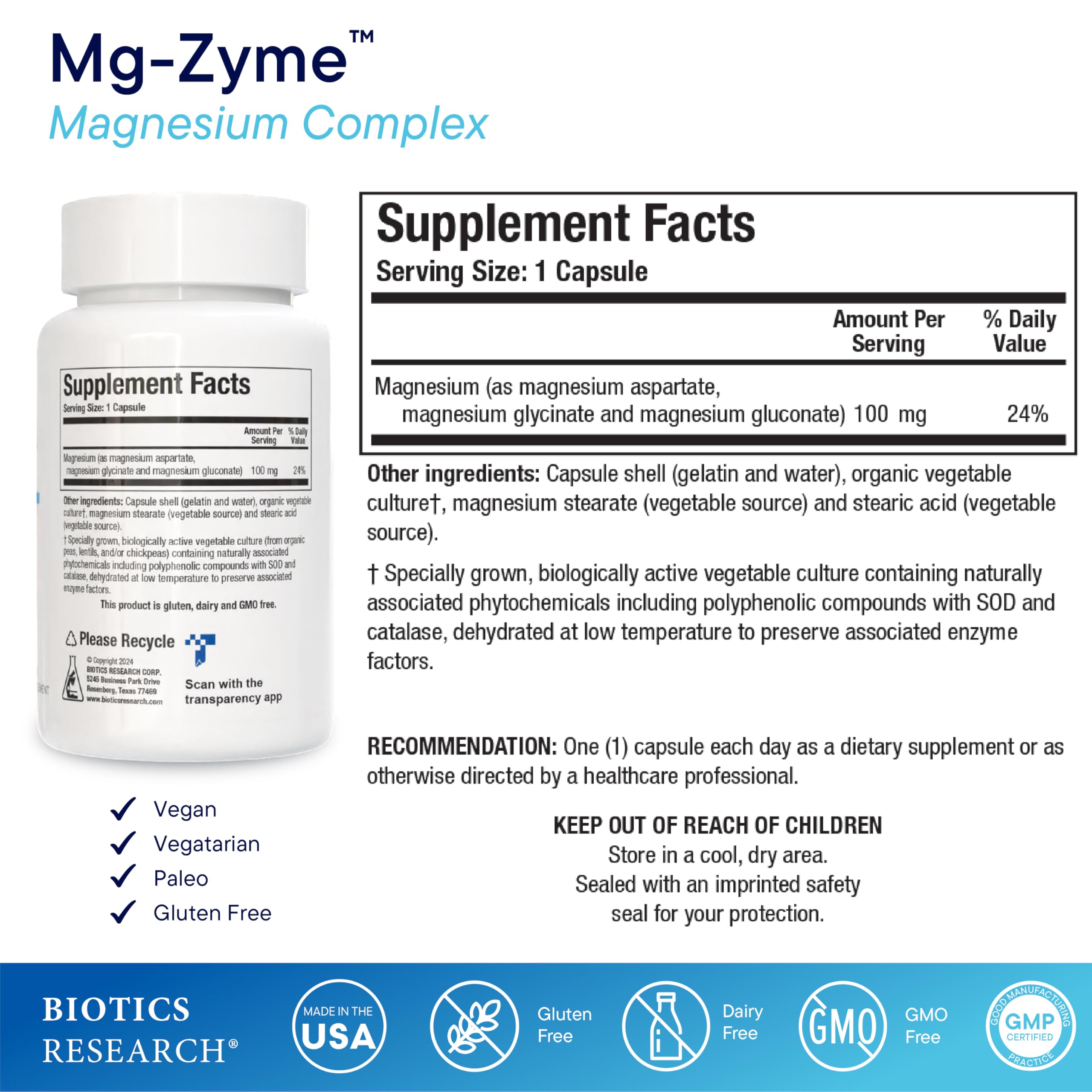 Mg-Zyme Biotics Research: bouteille pratique pour un apport quotidien en magnésium.