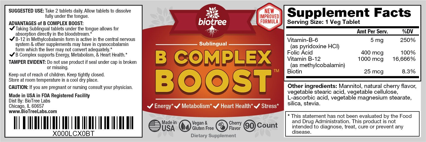 Tablettes sublinguales BioTree Labs prêtes à fondre pour absorption rapide.