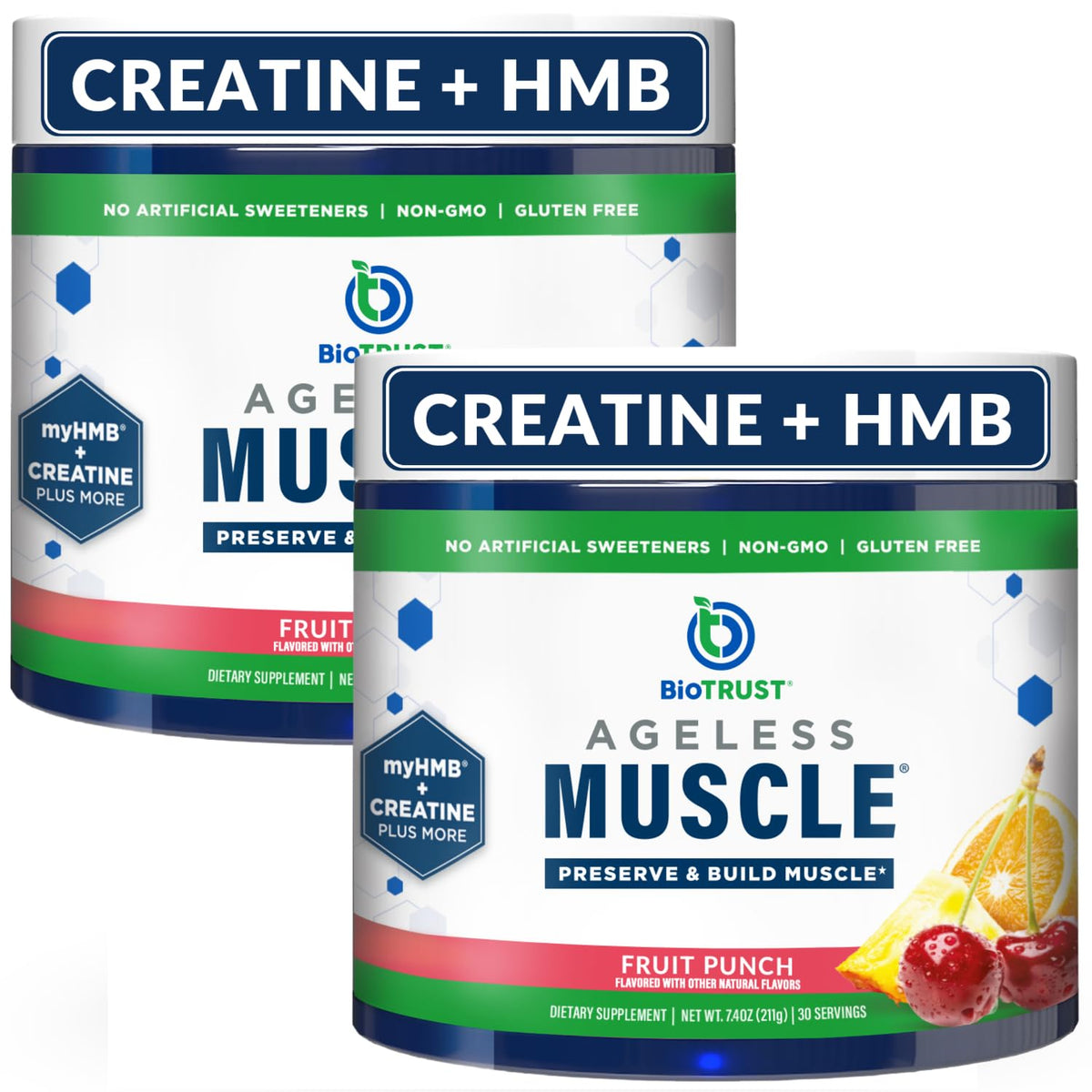 BioTrust Ageless Muscle bouteille et poudre, utilisation quotidienne potentielle pour la masse musculaire
