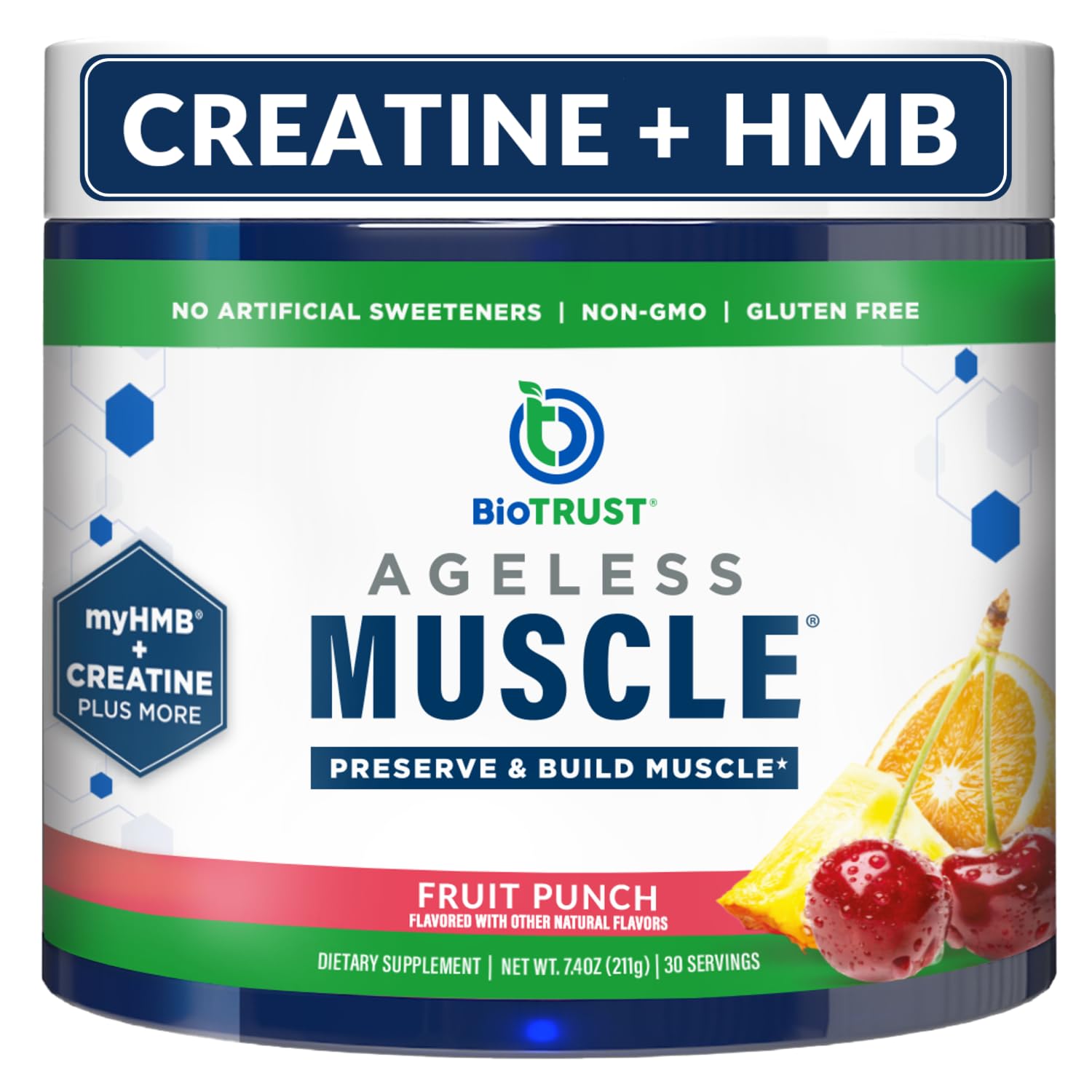 BioTrust Ageless Muscle flacon poudre fruit punch prêt au mélange.