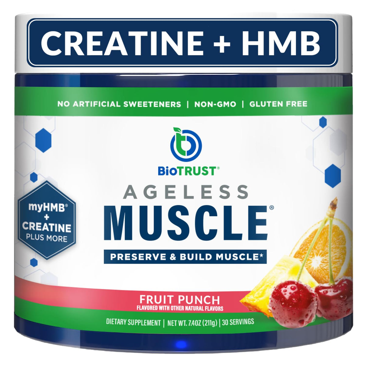 BioTrust Ageless Muscle flacon poudre fruit punch prêt au mélange.