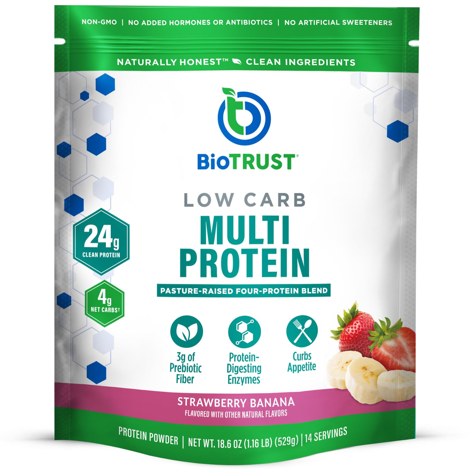 BioTrust protéine faible glucides fraise-banane – bouteille, shake prêt à l’emploi.