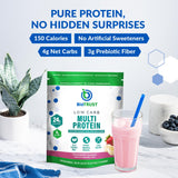 BioTrust protéine faible glucides fraise-banane – cuillère et texture crémeuse.