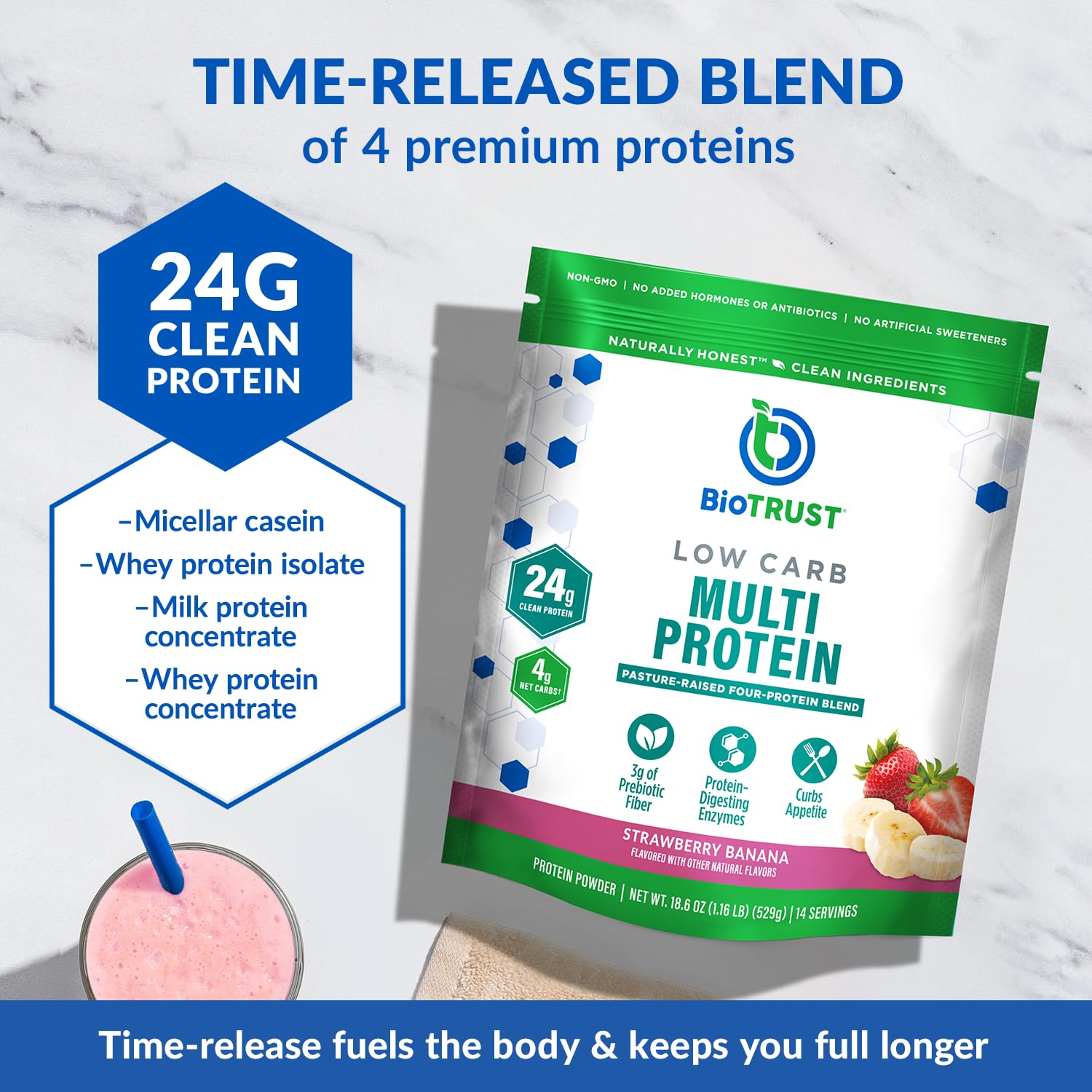 BioTrust protéine faible glucides fraise-banane – verre montrant le mélange onctueux.