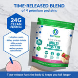 BioTrust protéine faible glucides fraise-banane – verre montrant le mélange onctueux.