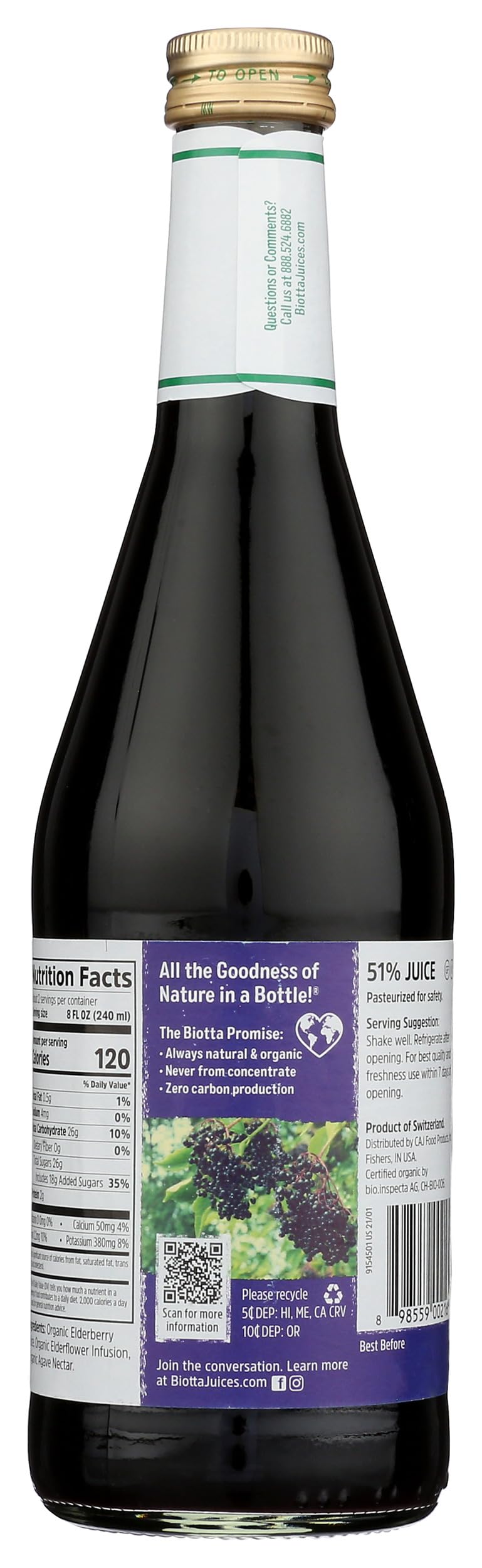 Biotta Naturals Jus de Sureau – versement dans un verre pour pause rafraîchissante