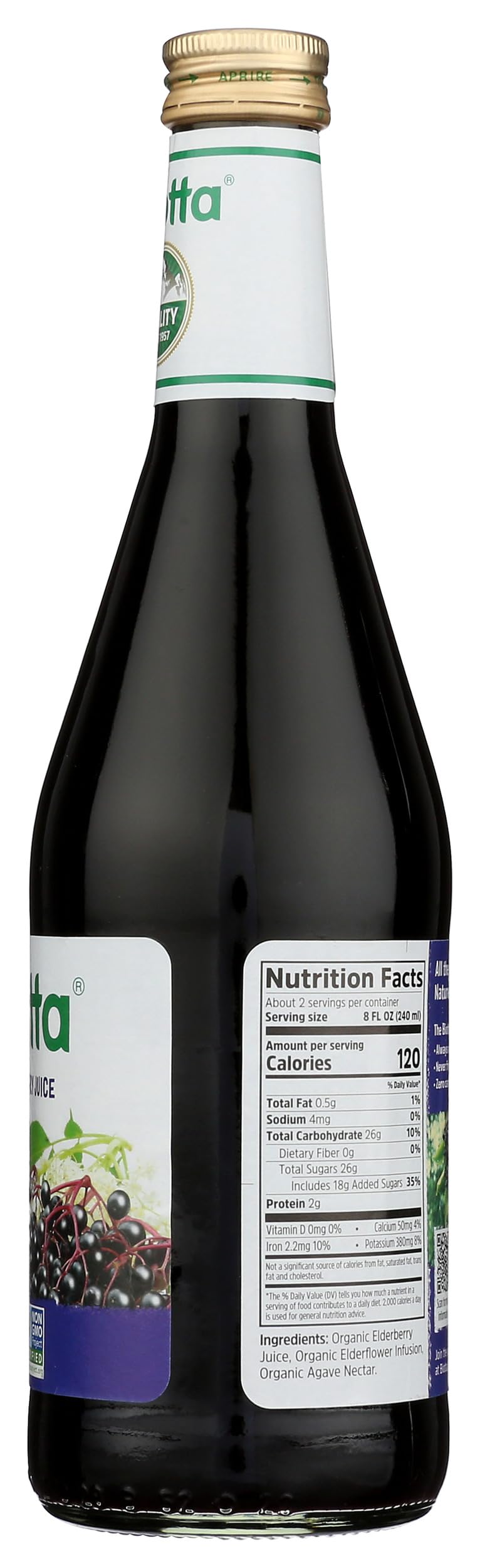 Biotta Naturals Jus de Sureau – icône sans gluten et vegan sur l’étiquette