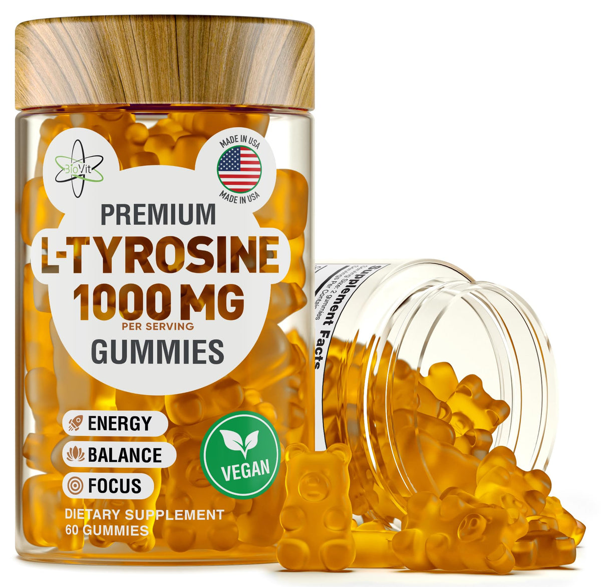 BioVit L Tyrosine Gummies – bouteille prête à l emploi et concentration potentielle soutenue.
