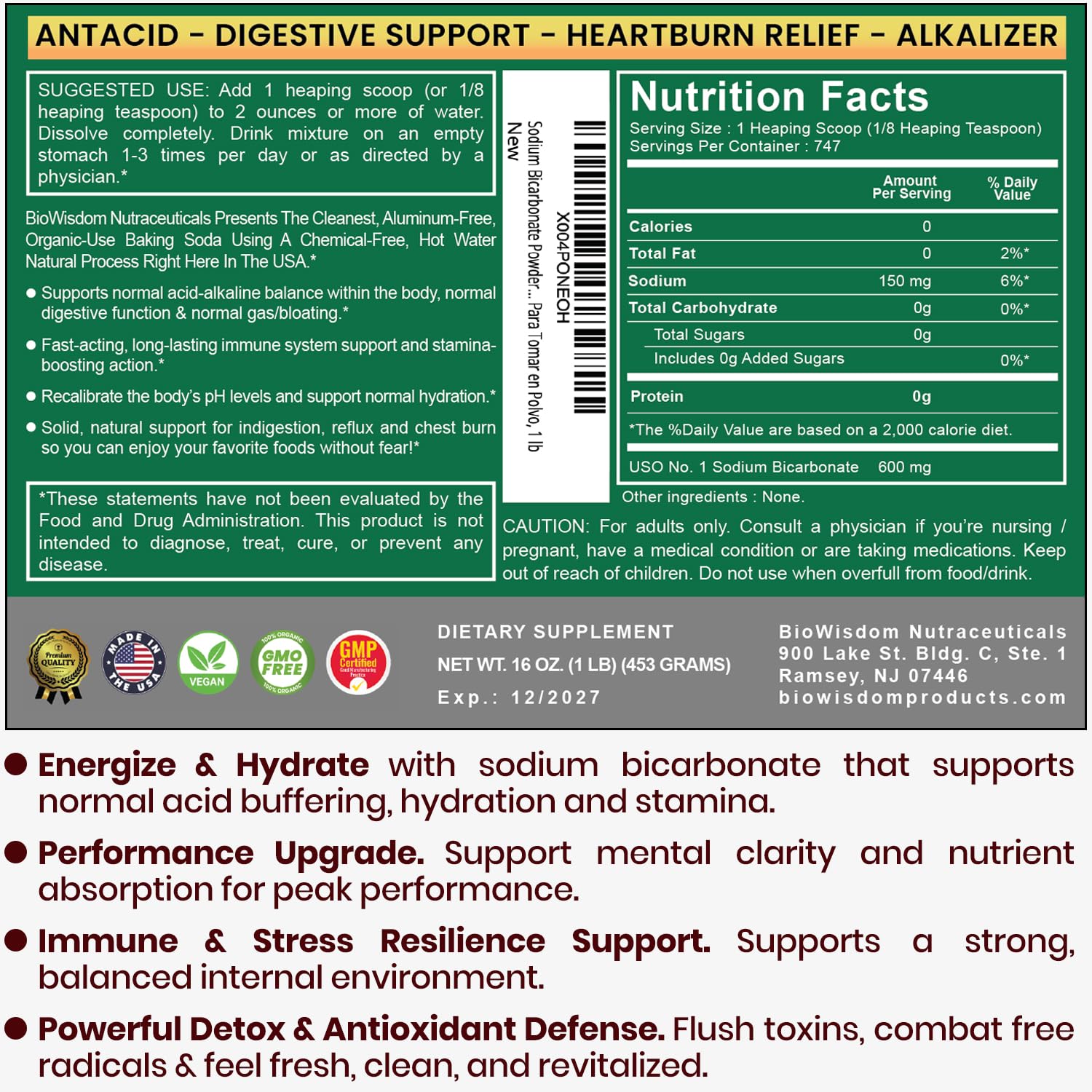 BioWisdom Nutraceuticals — poudre de bicarbonate pour cuisiner et soutenir l'équilibre alimentaire.