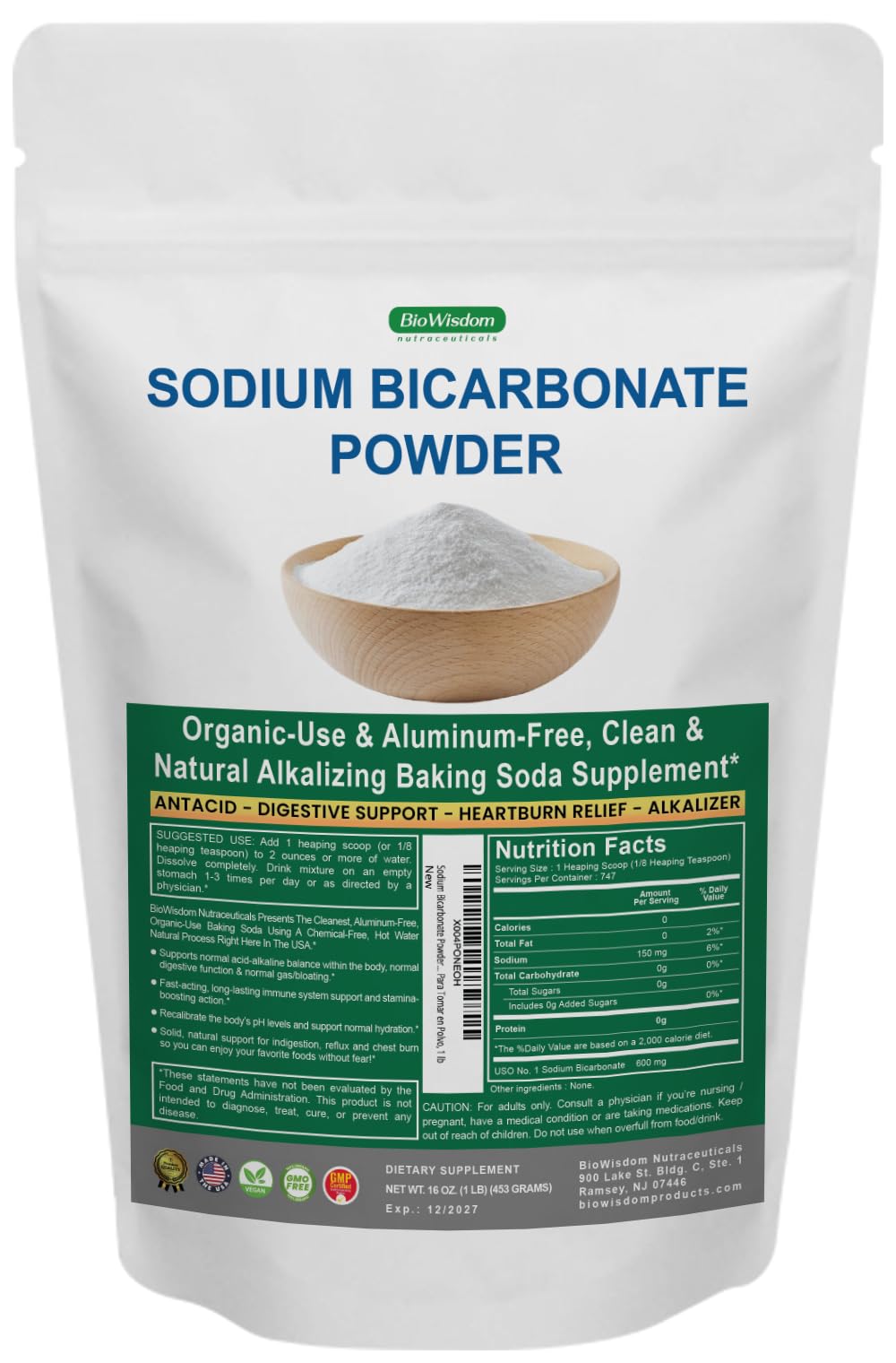 BioWisdom Nutraceuticals — poudre pure de bicarbonate de sodium, idéale pour la cuisson.