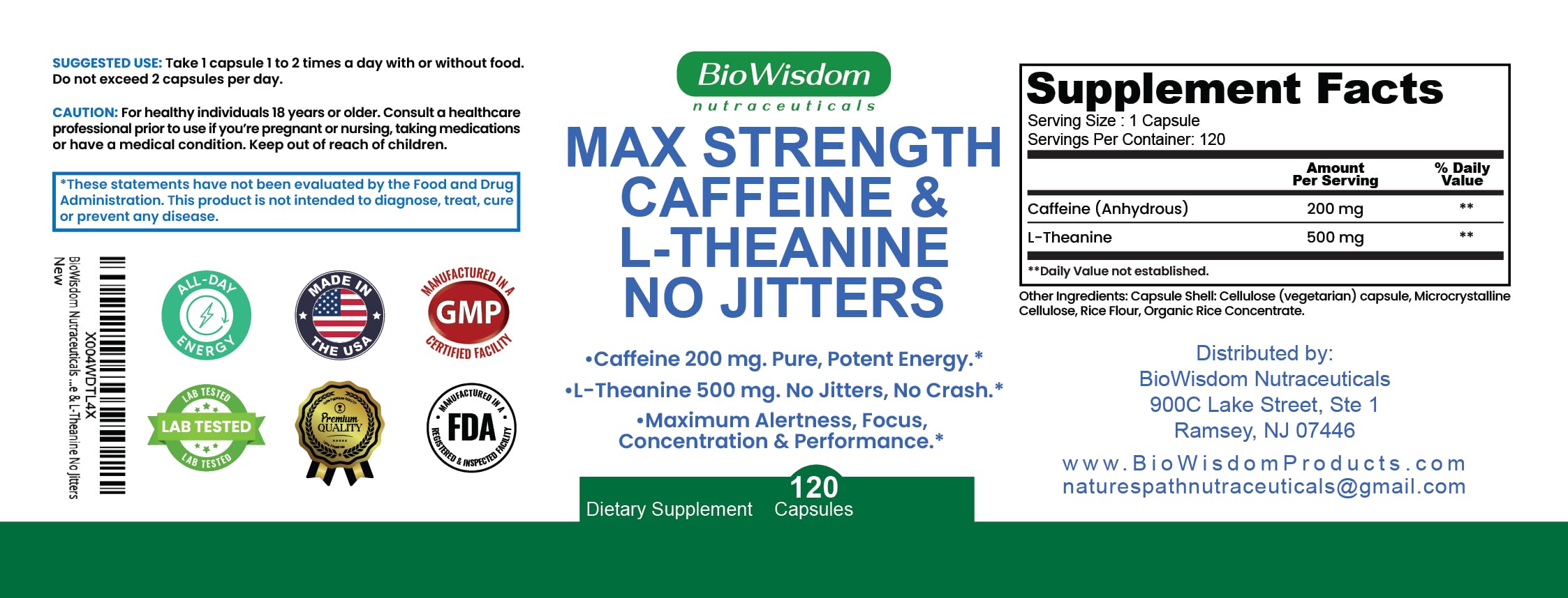 BioWisdom pilules caféine-theanine, absorption rapide pour réactivité accrue
