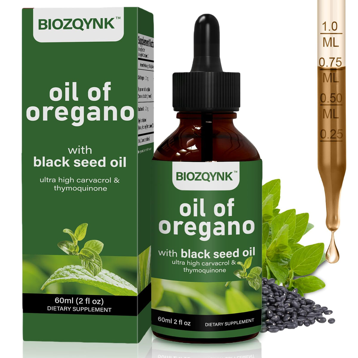 BIOZQYNK gouttes-liquides-origan-nigelle sur bouteille, soutien immunitaire naturel et bien-être.