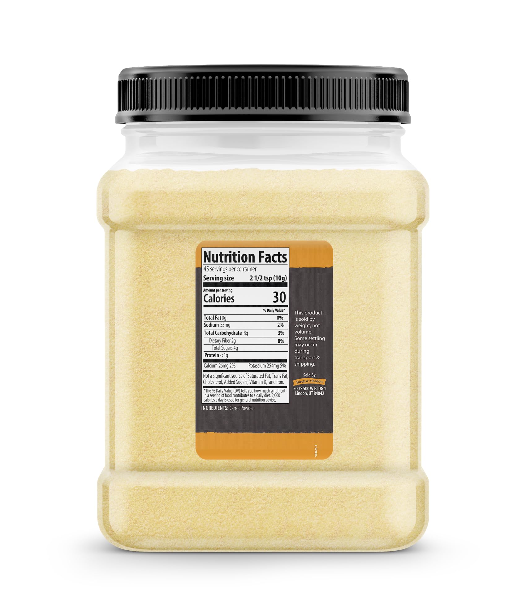 Poudre fine Birch & Meadow Carotte prête pour smoothies et jus colorés.