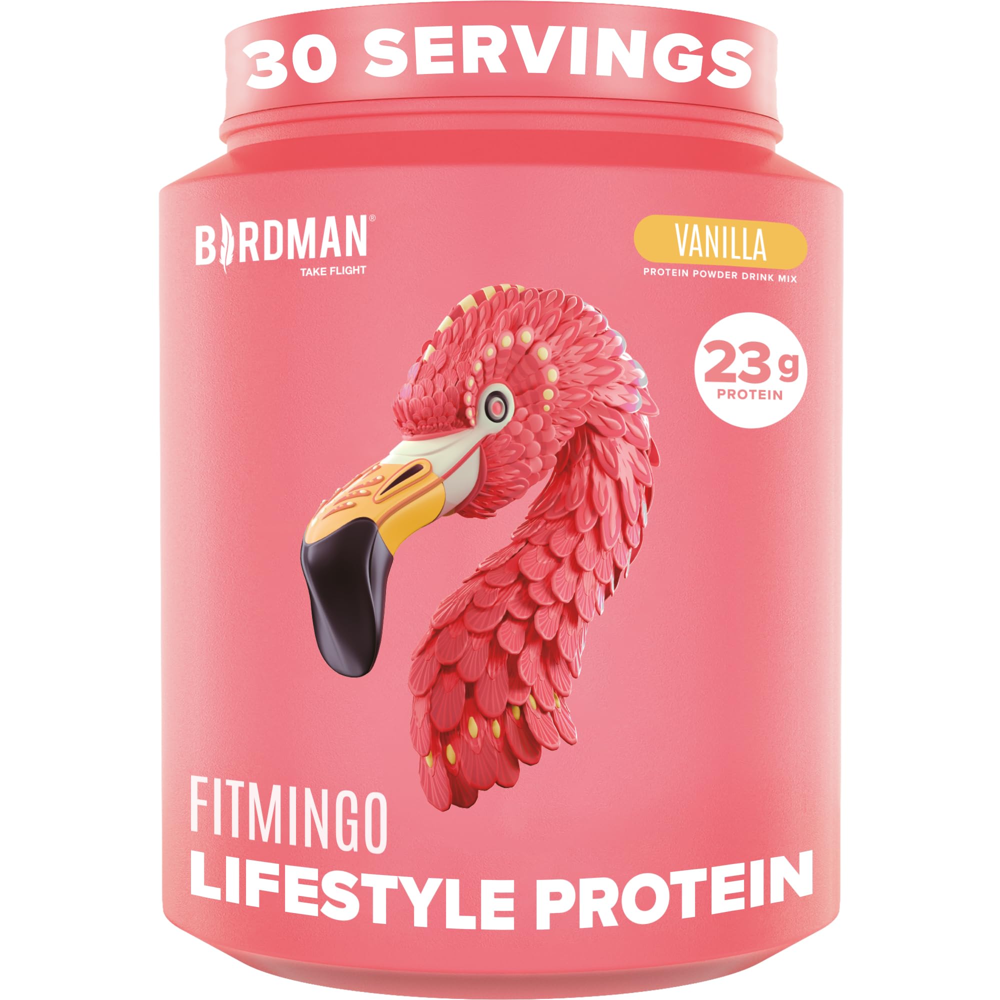 Poudre BIRDMAN Fitmingo vanille dans l’emballage, prête à être mélangée.