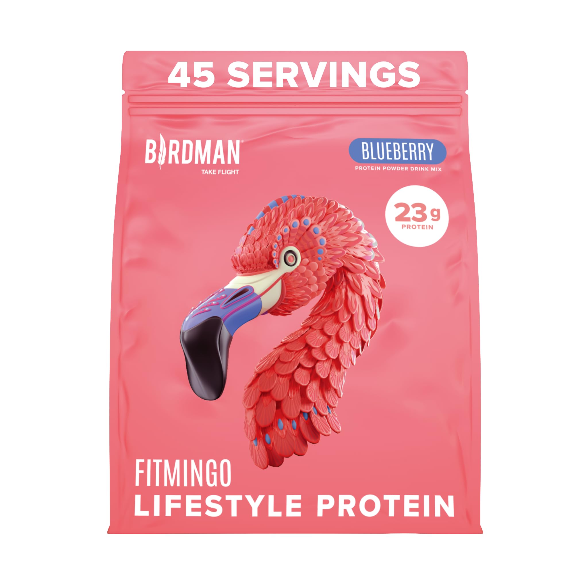 Poudre protéinée BIRDMAN Fitmingo goût bleuet pour énergie durable et satiété.