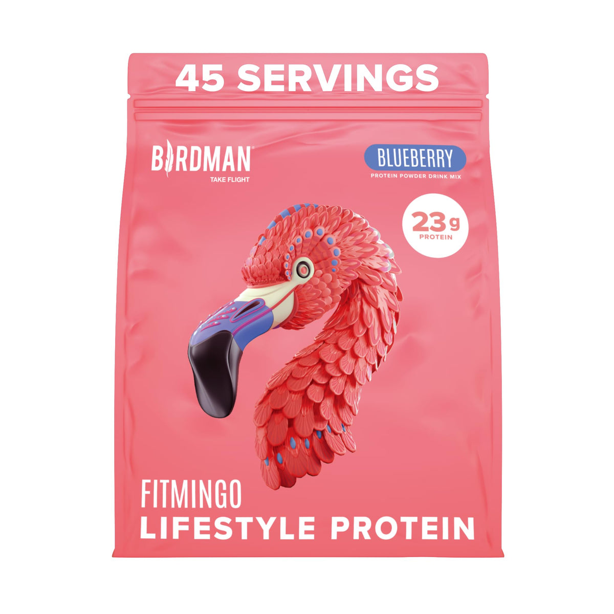 Poudre protéinée BIRDMAN Fitmingo goût bleuet pour énergie durable et satiété.