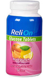 ReliOn tablettes de glucose, fruits tropicaux, soutien pratique lors d'activités quotidiennes.