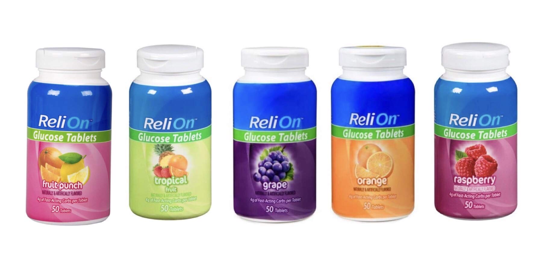 ReliOn tablettes de glucose, punch de fruits, recharge rapide pour énergie en déplacement.