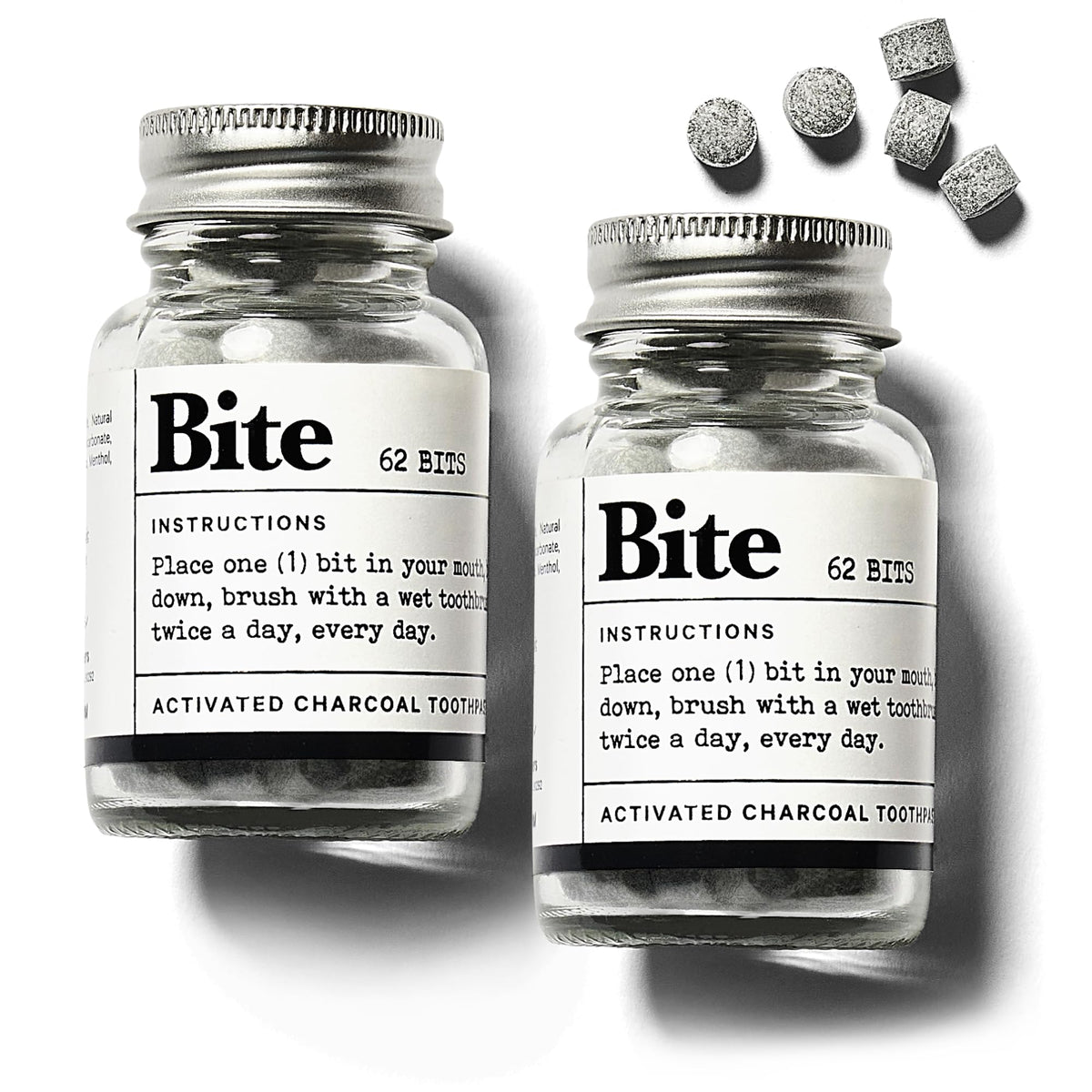 Bite pastilles dentifrice blanchissant, emballage pratique pour voyage et usage quotidien.