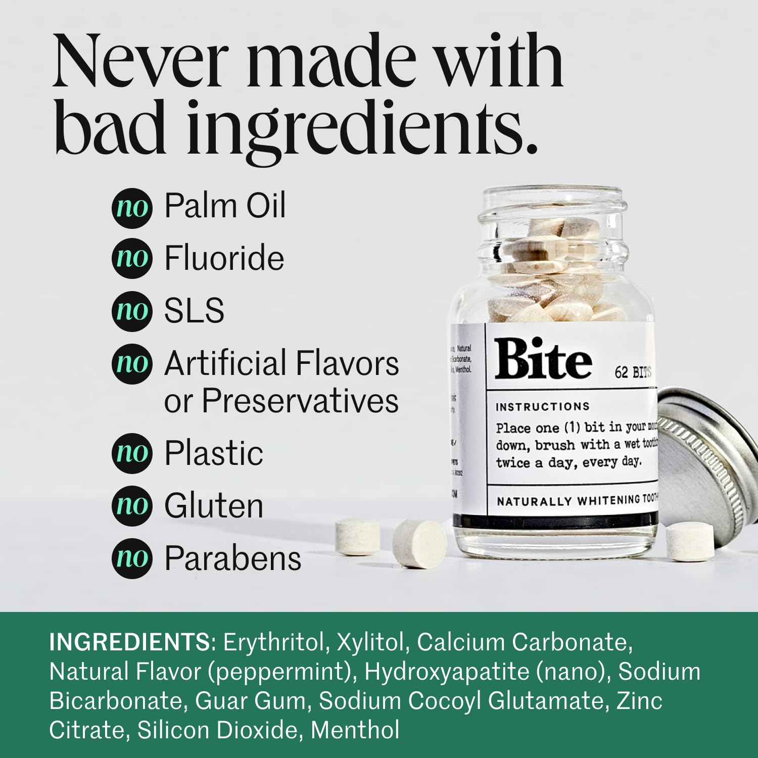 Emballage sans plastique Bite pour tablettes dentaires, option écologique et pratique.