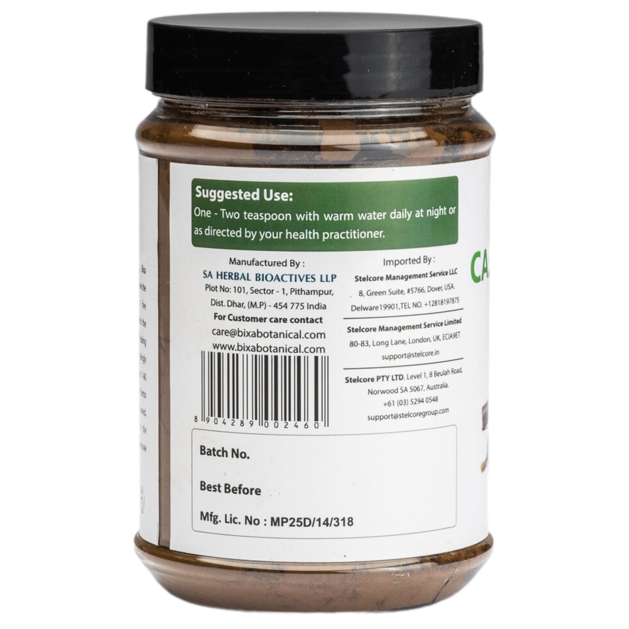 Étiquette Bixa Botanical indiquant qualité végane et sans gluten.