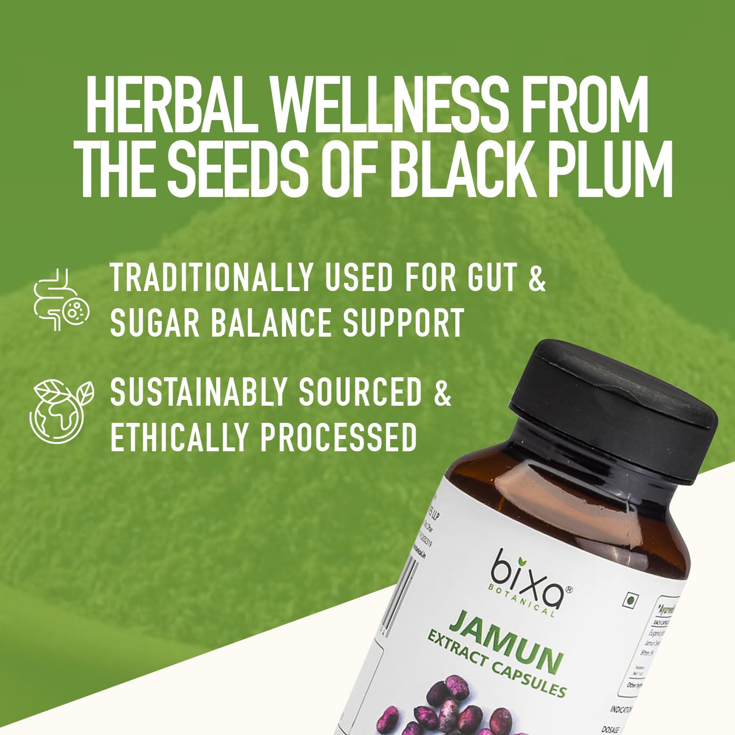 Étiquette Jamun Bixa BOTANICAL démontrant qualité non-OGM et contrôle.