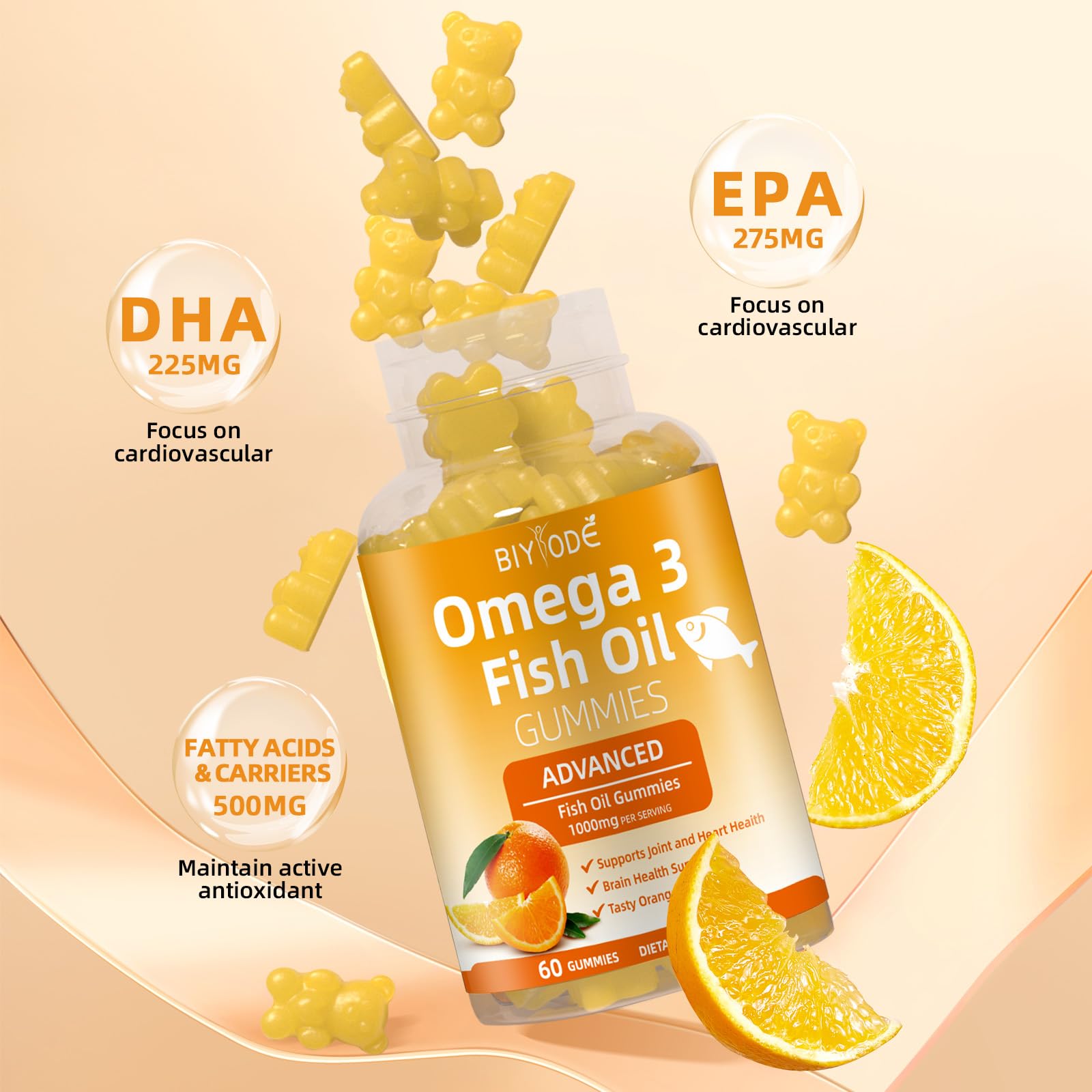 Gommes BIYODE Omega-3 en gros plan, goût pur sans arôme poisson.