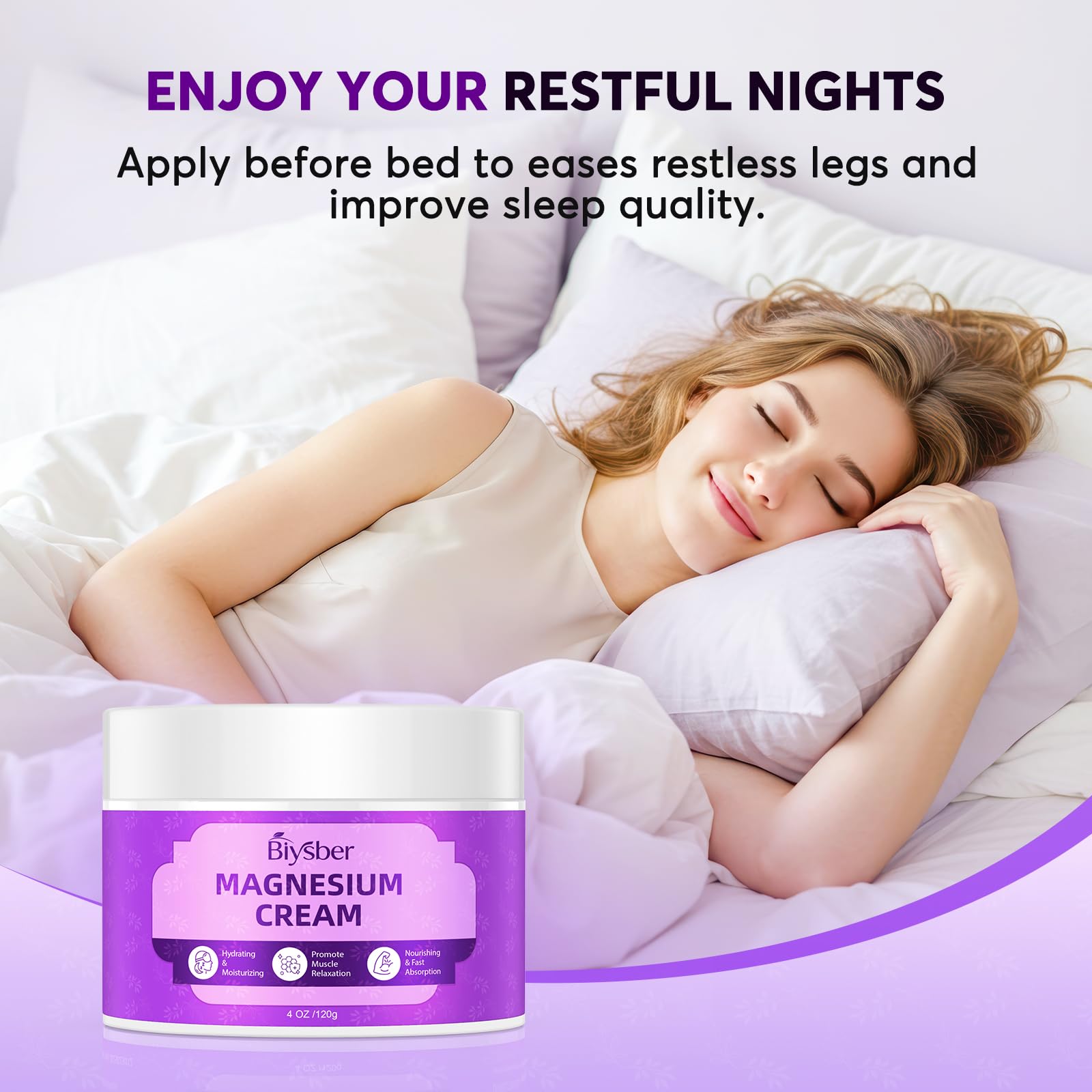 Biysber lotion magnésium texture creme, absorption rapide et hydratation douce.