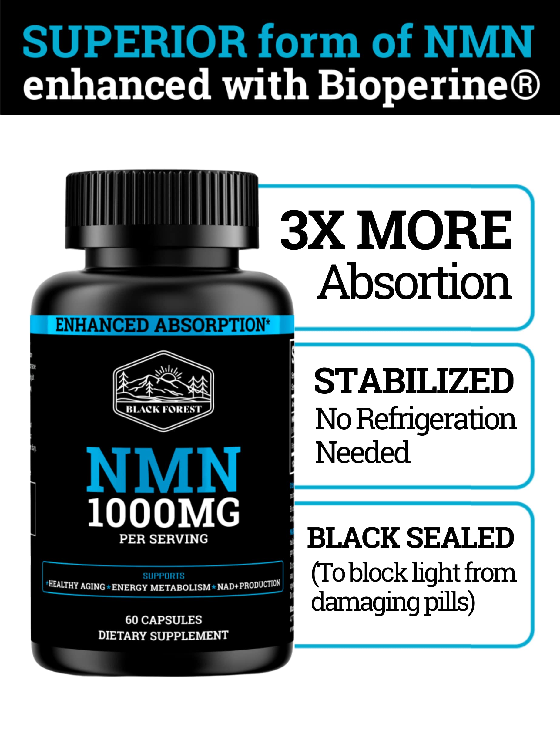 Black Forest NMN 1000 mg bouteille tenue dans la main.