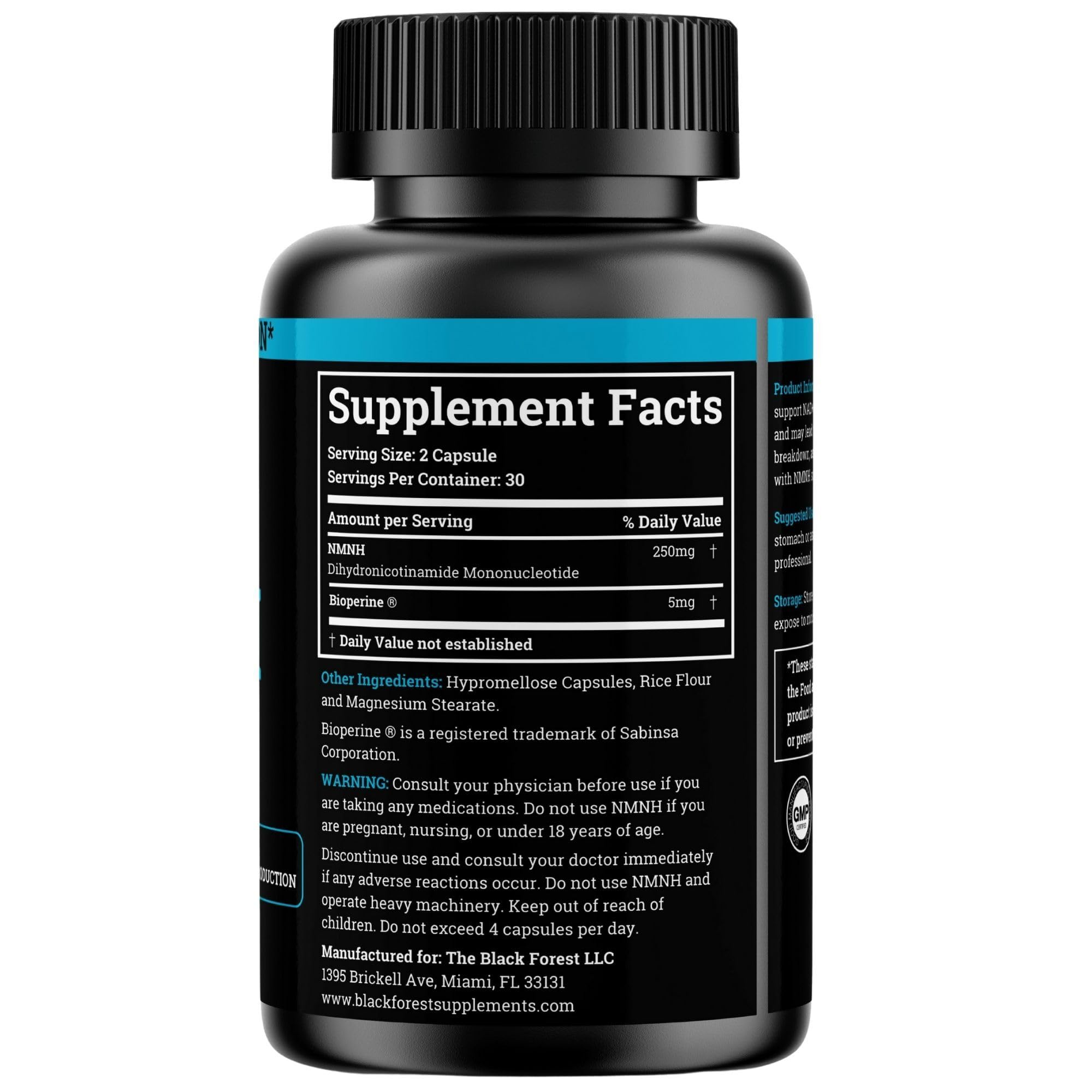NMNH Black Forest, capsules en boîte, absorption potentiellement améliorée grâce à BioPerine.
