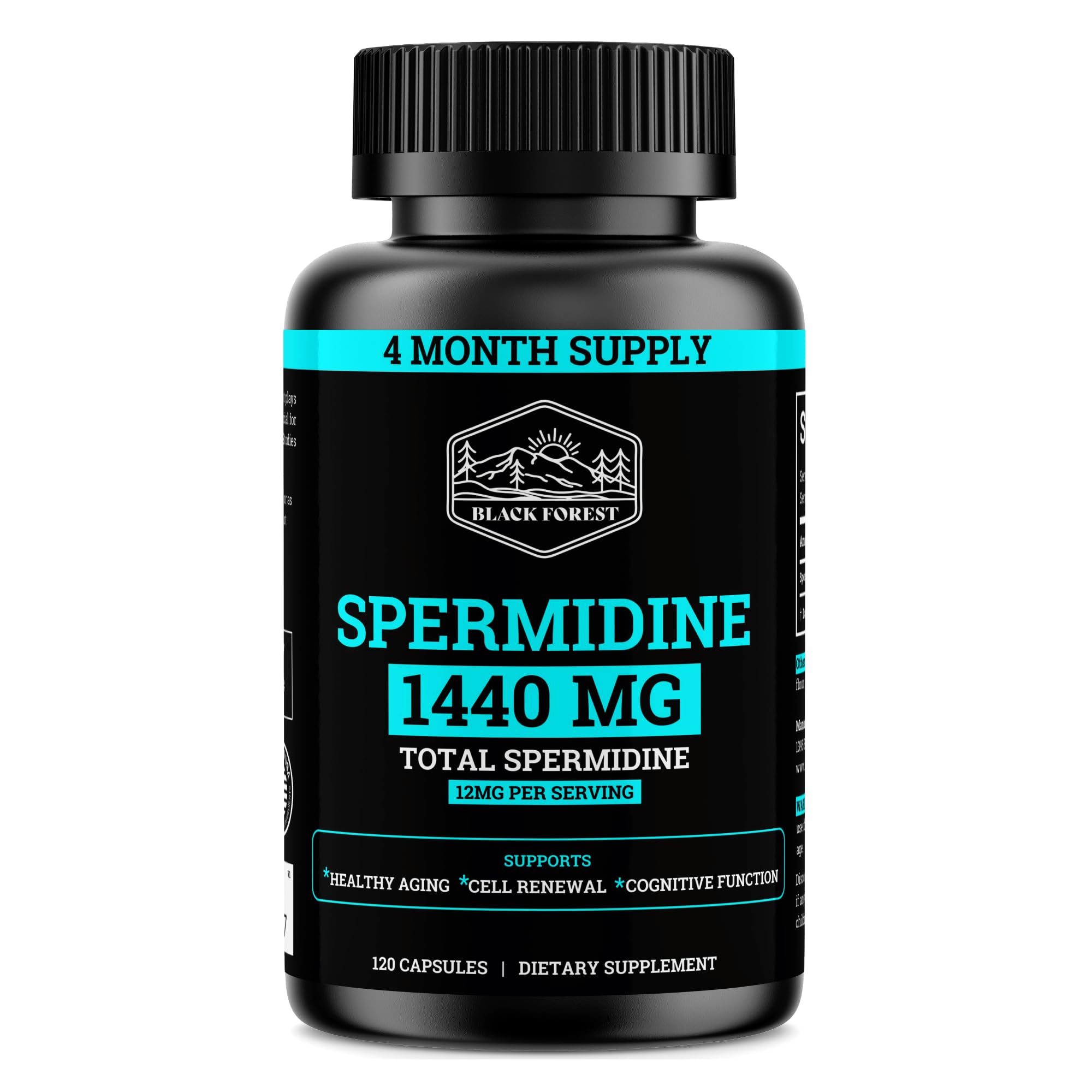 Black Forest Spermidine – bouteille et capsules pour énergie durable et renouvellement cellulaire potentiel.