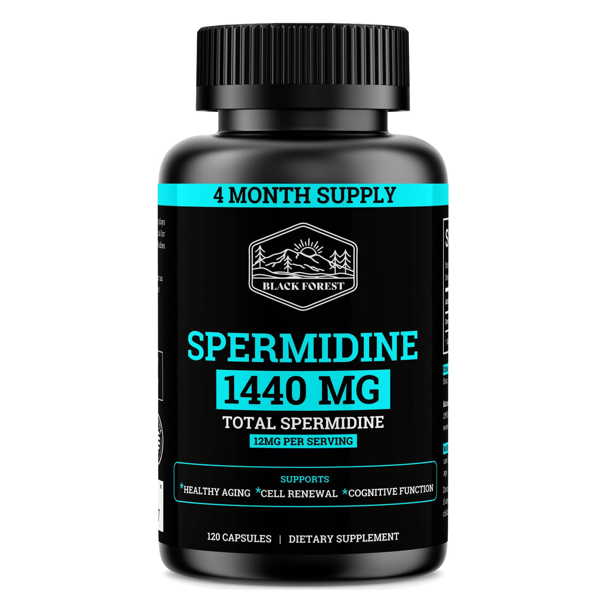 Black Forest Spermidine – bouteille et capsules pour énergie durable et renouvellement cellulaire potentiel.