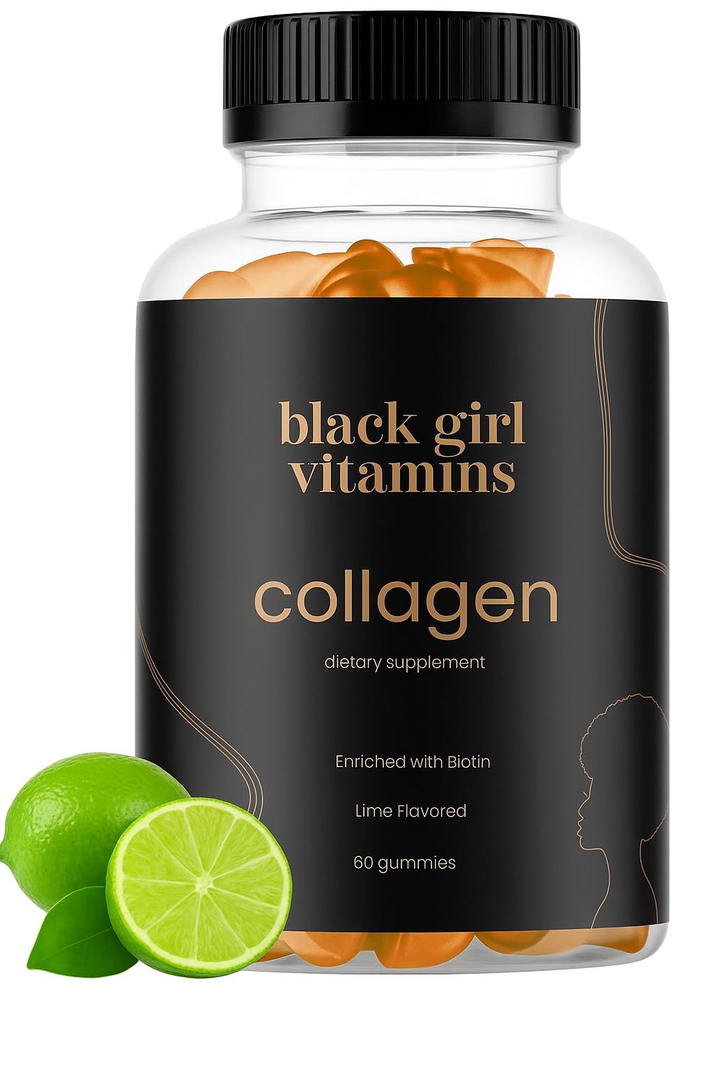Gummies collagène Black Girl Vitamins dans une bouteille, accessoire pratique pour la routine beauté.
