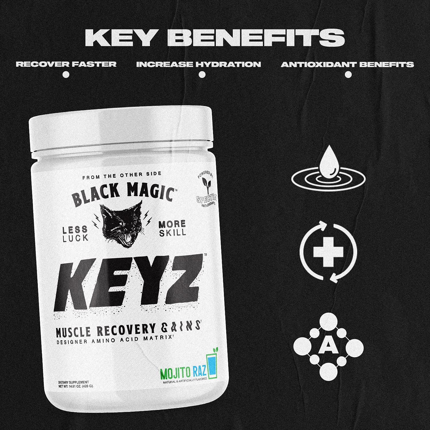 Étiquette Keyz Black Magic présente ingrédients premium et bénéfices