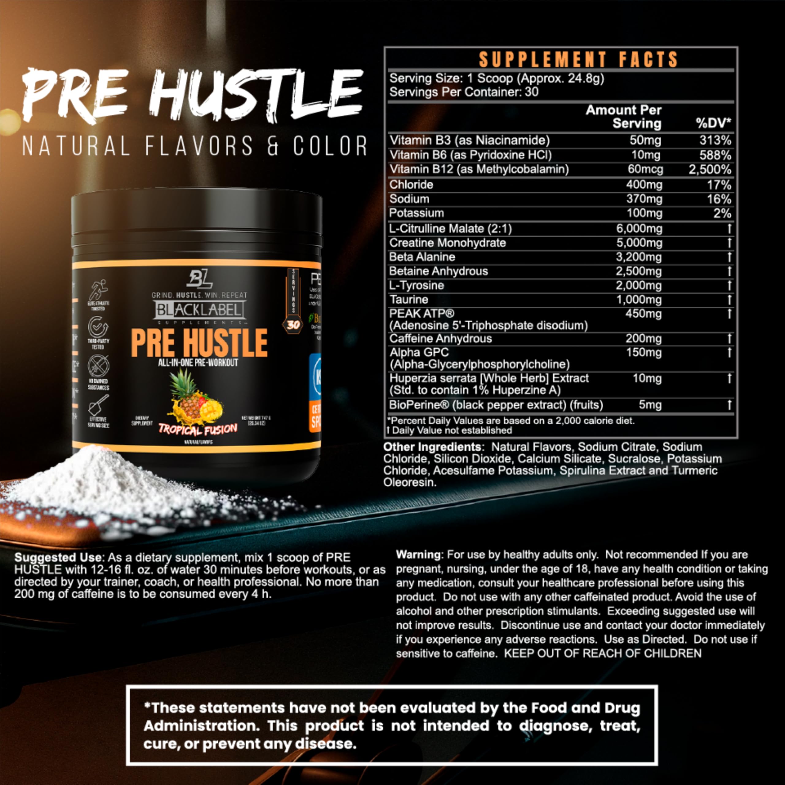 Étiquette BLACKLABEL PRE Hustle V3 certifiée NSF, gage de sécurité pour le sport.