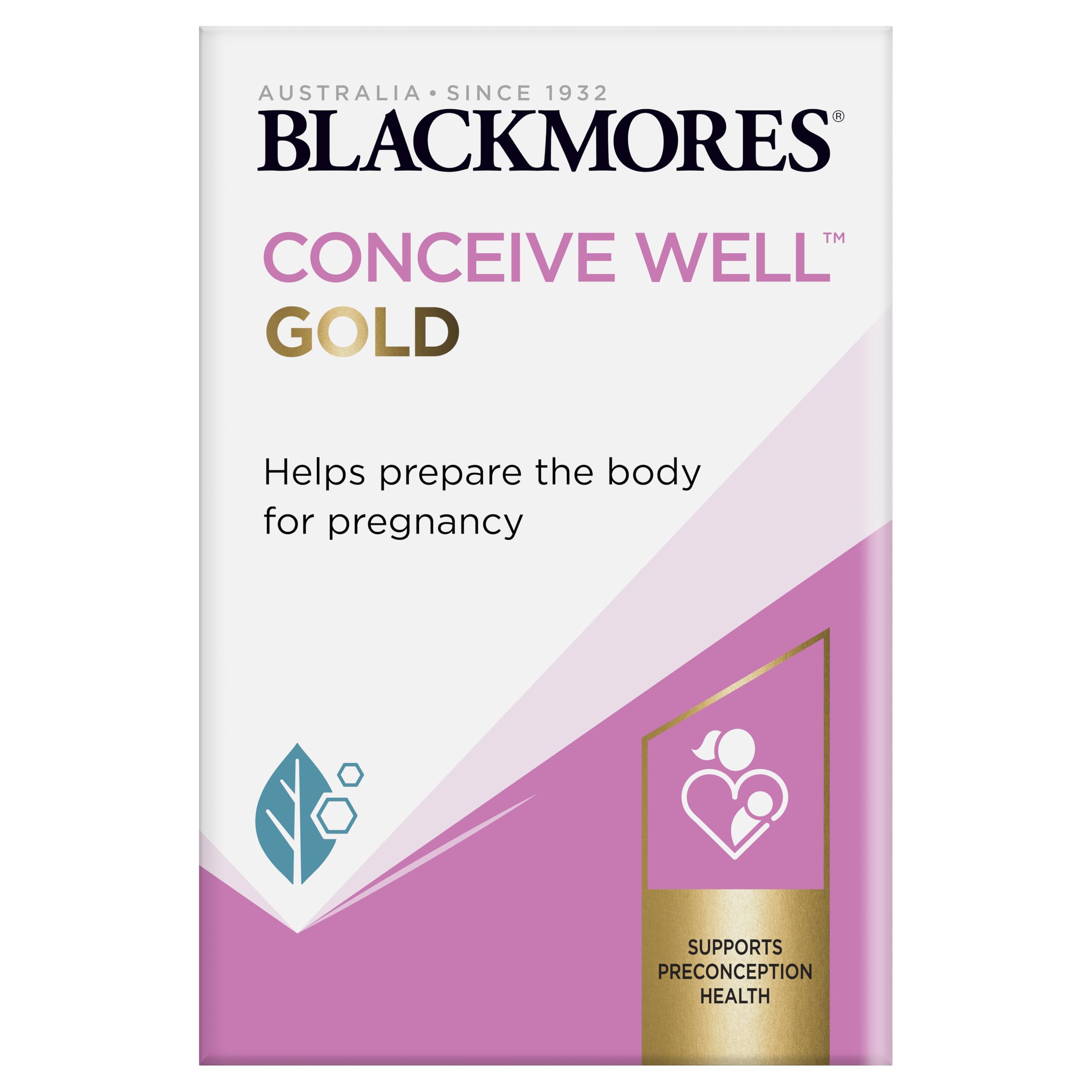 Boîte Blackmores Conceive Well Gold avec étiquette claire, pratique pour votre routine quotidienne.