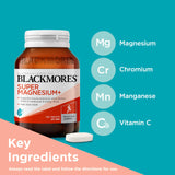 Couvercle et emballage de Blackmores Super Magnesium Plus pour facilité d’usage.