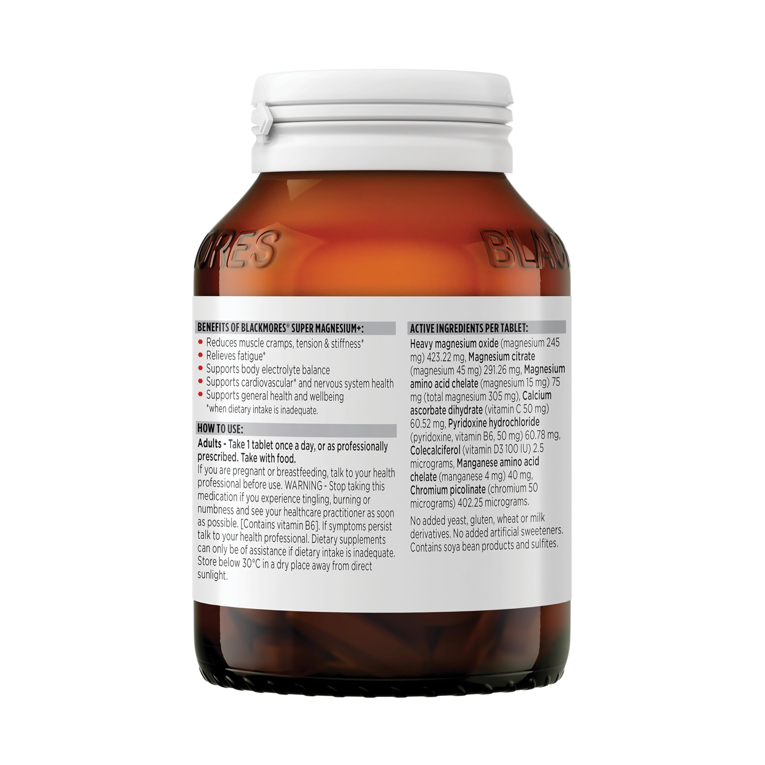 Étiquette Blackmores Super Magnesium Plus indiquant l'utilisation quotidienne possible.