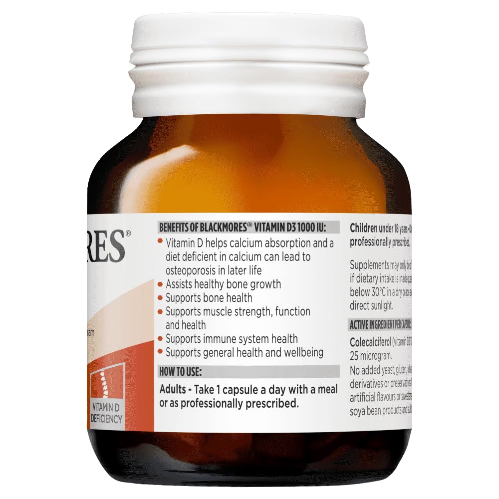 Bouteille Blackmores Vitamine D3 1000IU pour une utilisation quotidienne pratique.