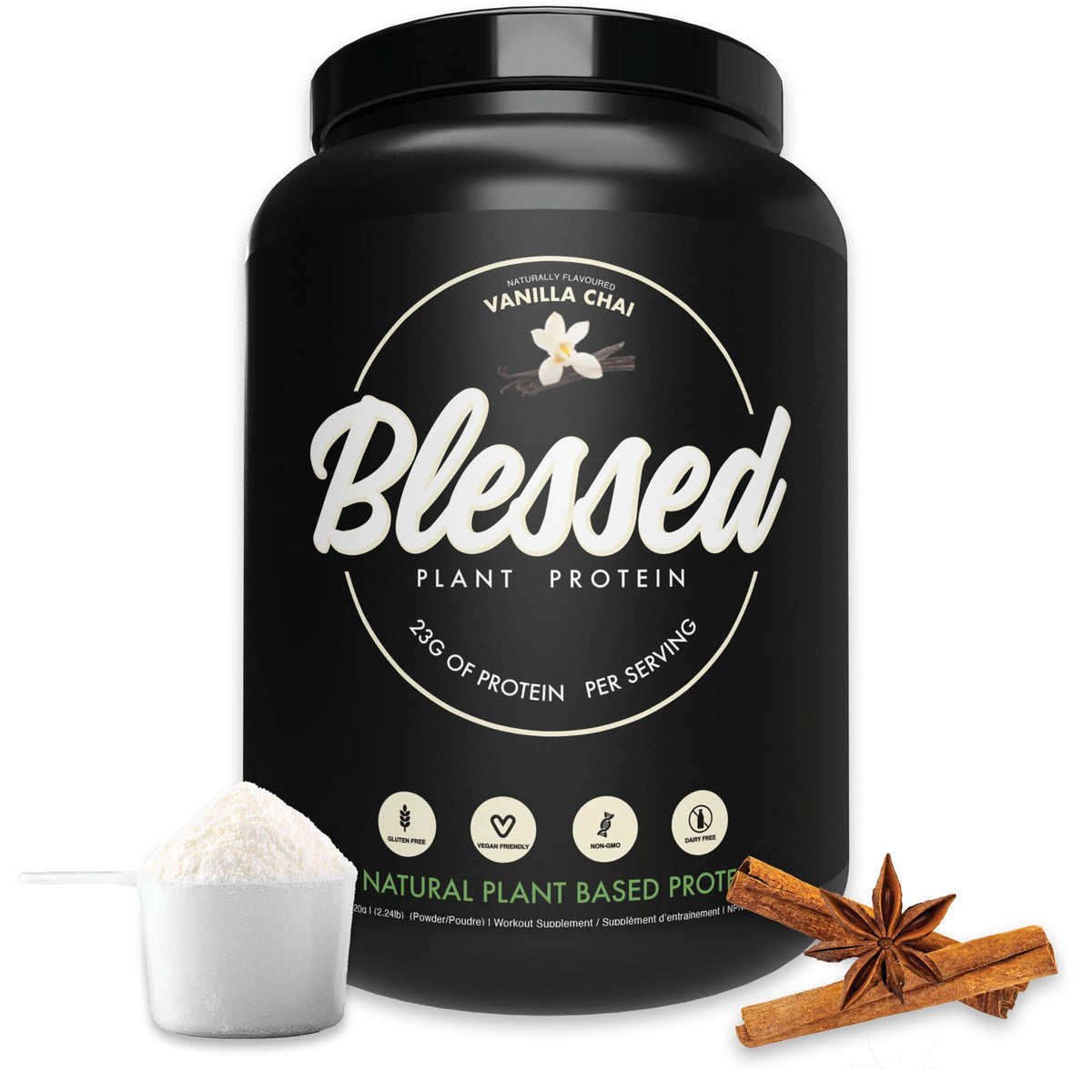 Blessed Protéine Vegan Poudre Pois Vanille-Chai offre une teneur élevée en protéines et un goût agréable.