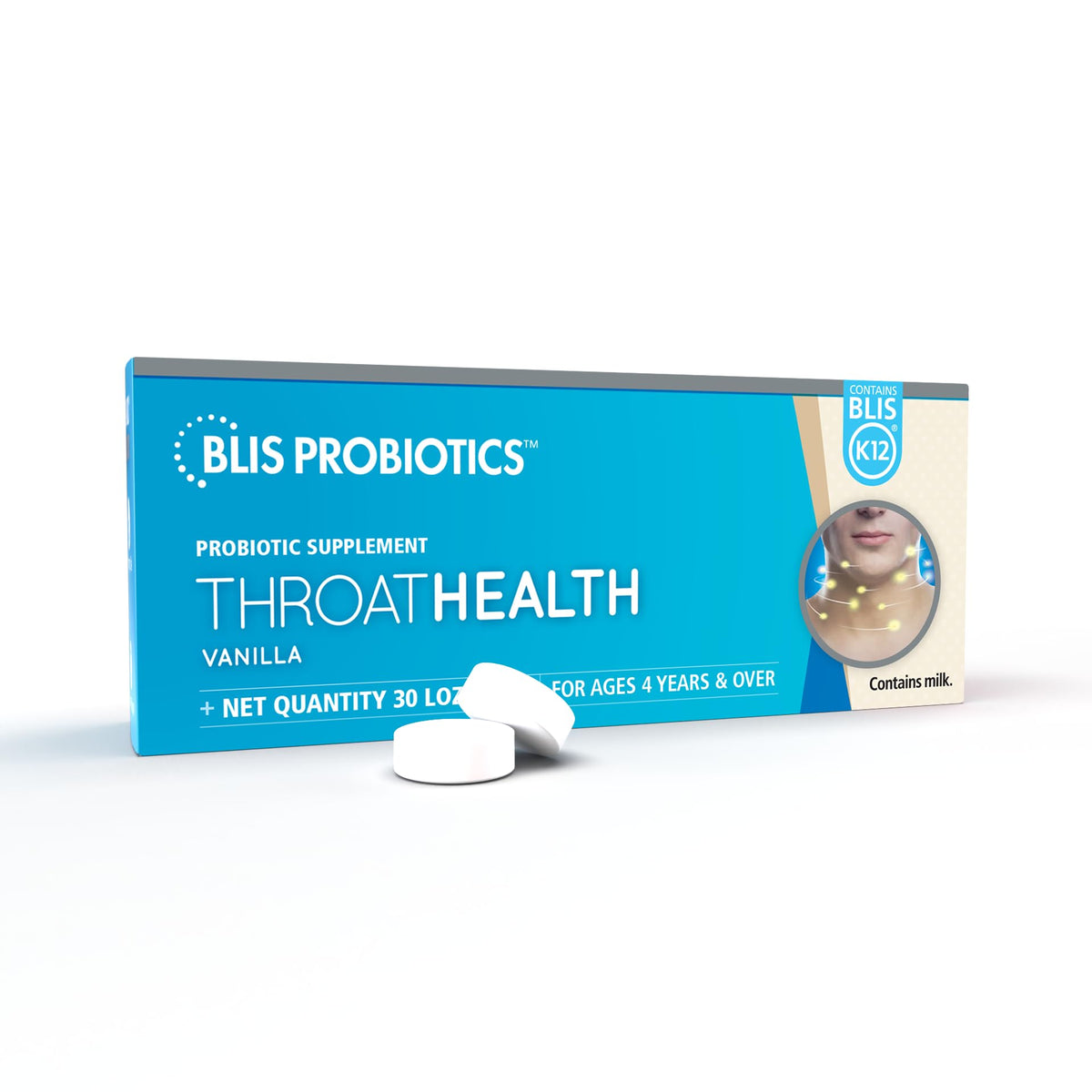 BLIS ThroatHealth: boîte de pastilles vanille, pratique pour le rituel quotidien.