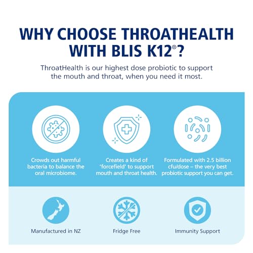 BLIS ThroatHealth: étiquette indiquant 2,5 milliards CFU K12, précision utile.