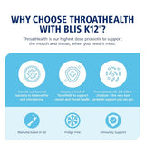 BLIS ThroatHealth: étiquette indiquant 2,5 milliards CFU K12, précision utile.