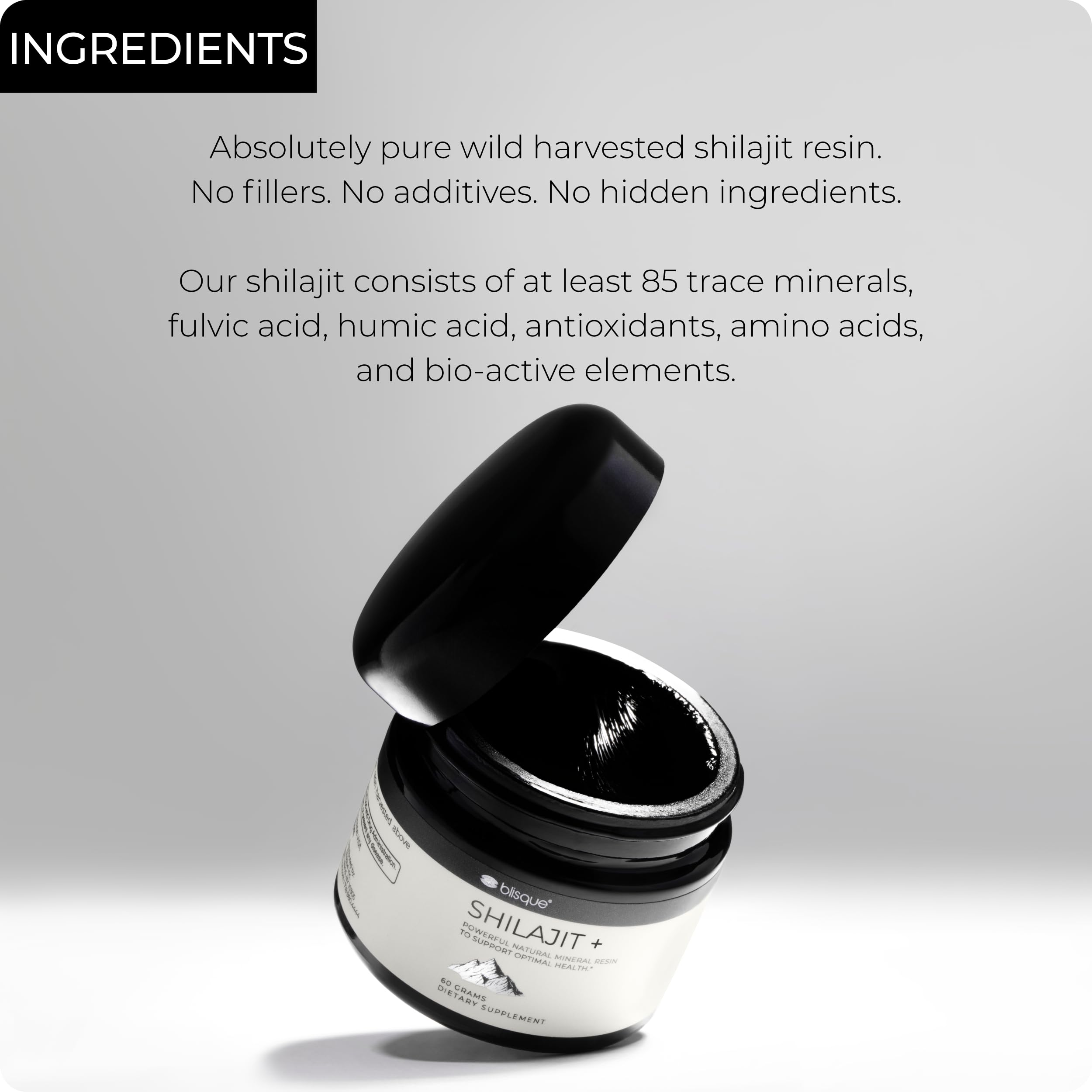 Blisque Shilajit résine—étiquette bio et traçabilité