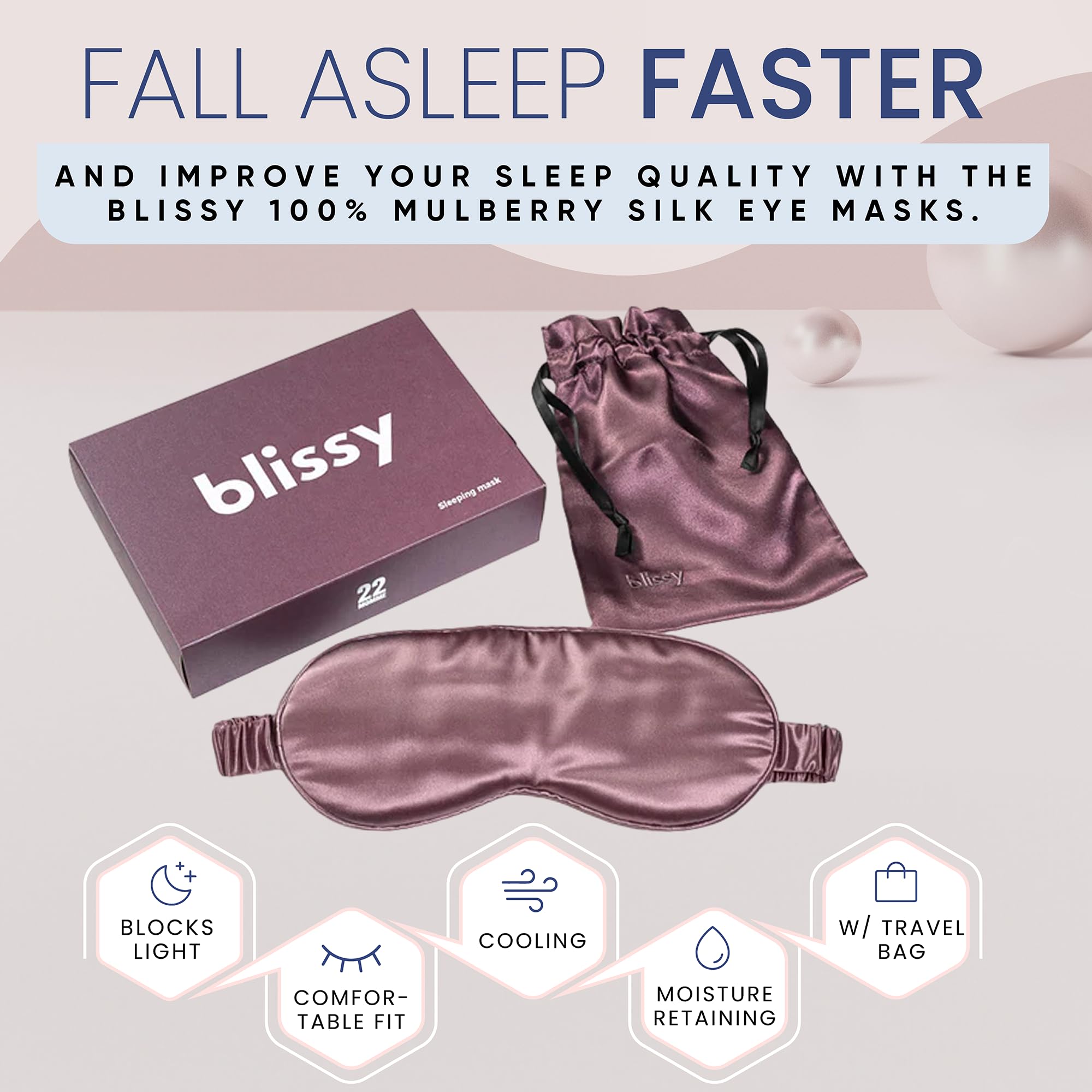 Blissy masque en 22 momme et fibres 6A, surface lisse et agréable.