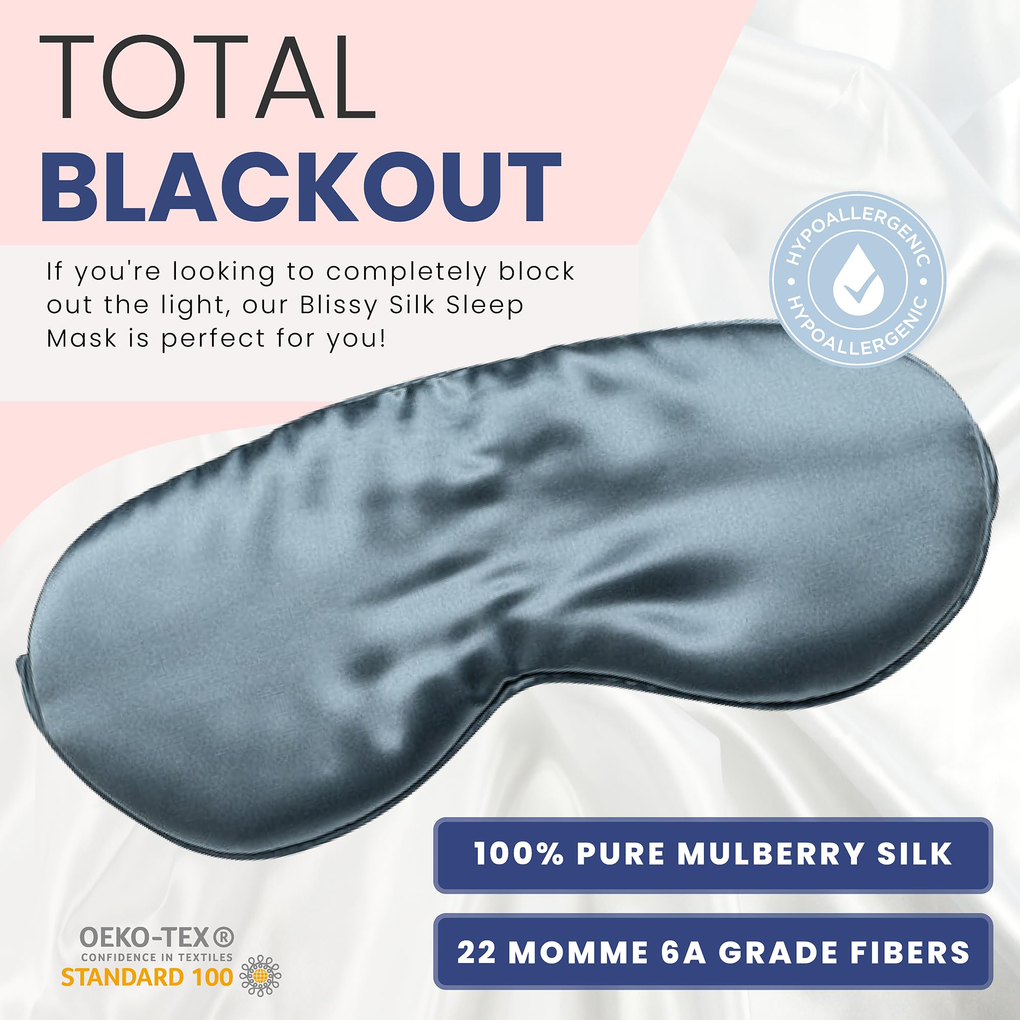 Blissy masque-sommeil soie ardoise - vue profil, confort ciblé et obscurcissement total.
