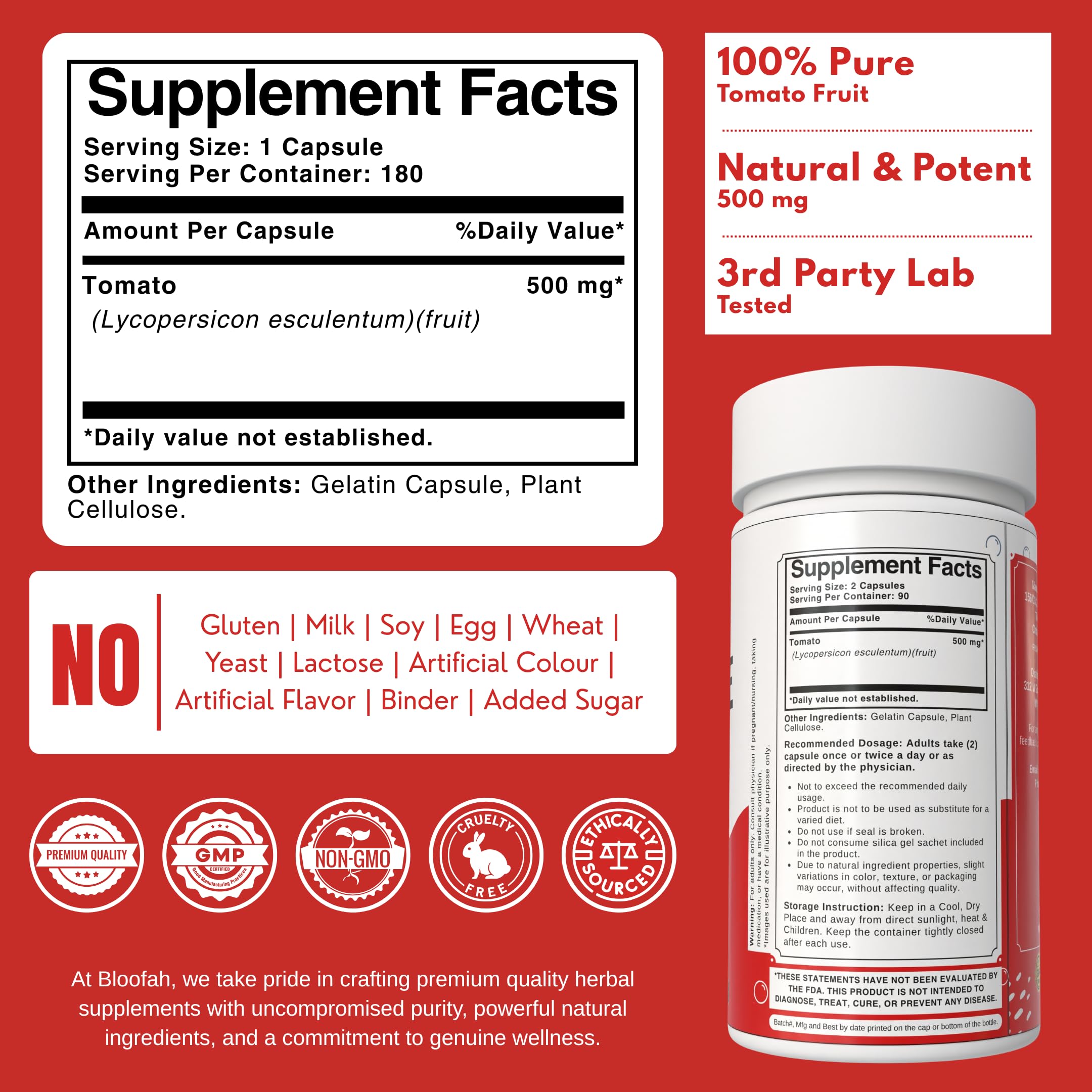 Capsules Bloofah lycopene 500 mg, dosage quotidien pour un soutien antioxydant potentiel.